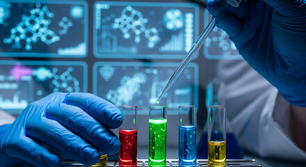 Scientist conducting research with colorful liquids in test tubes.