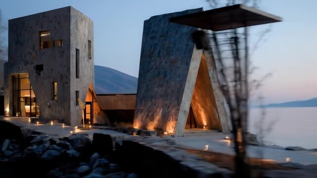 Modern architectural structure on shore with triangular roof and lighting