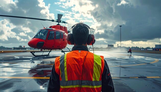 Aviation ground crew member in safety gear overseeing helicopter operations on a wet tarmac under a dynamic sky, symbolizing professionalism and readiness in air transport
