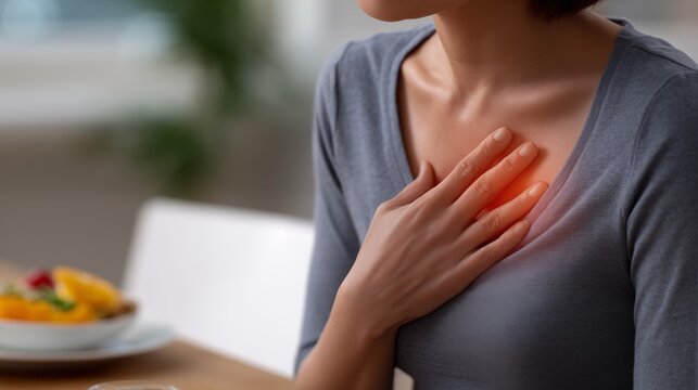 Woman experiencing heartburn after meal at home, hand on chest by dining table, close up