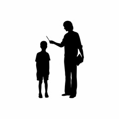 Teacher helping student with math problem silhouette isolated on white background