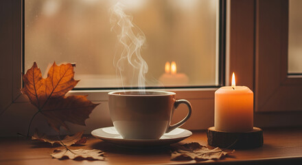 Fototapeta premium Steaming cup of coffee next to candle on window sill adorned with autumn leaves for cozy atmosphere