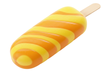 Swirled orange and yellow ice pop isolated on transparent background, frozen dessert treat for summer refreshment