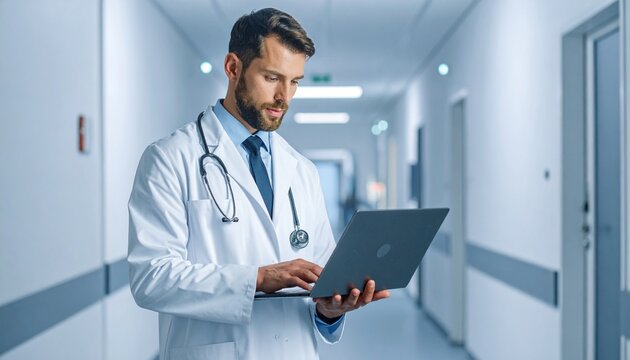 Male physician in a white coat with a stethoscope consults patient data on a laptop while standing in a modern hospital corridor