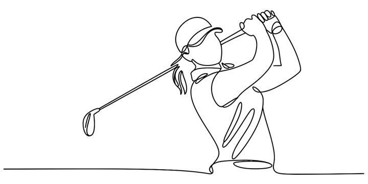 Continuous single line drawing of a golfer in mid swing showing focus and power vector