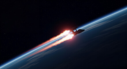 Spaceship launching into outer space above Earth with dramatic fiery exhaust and copy space