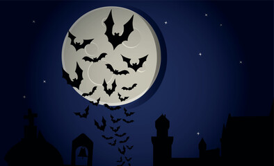 Vector illustration of a spooky Halloween night with full moon, bats, and silhouettes of gothic rooftops resembling an old church or abandoned cemetery. Dark and mysterious mood