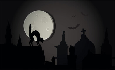 Silhouettes of crooked houses, flying bats, and a scared cat in front of the moon create a haunting, atmospheric scene. Perfect for Halloween designs, party invitations, and seasonal decorations.