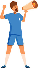 Soccer coach motivating players using megaphone during match, providing guidance and boosting team morale