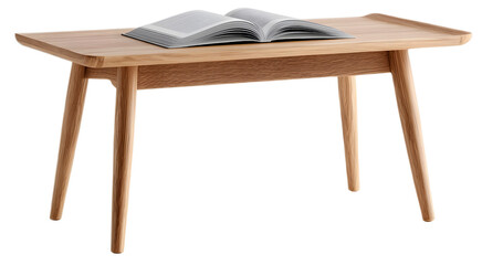  a simple wooden coffee table with four legs, placed on the ground and an open book placed above it, against a white background
