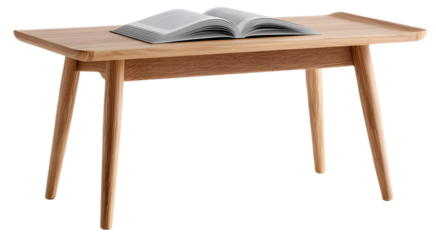  a simple wooden coffee table with four legs, placed on the ground and an open book placed above it, against a white background