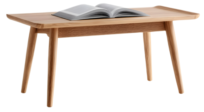  a simple wooden coffee table with four legs, placed on the ground and an open book placed above it, against a white background