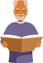 Elderly man holding an open book, enjoying reading in retirement
