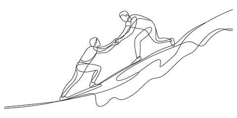Continuous one line drawing of two people helping each other climb a steep rocky slope vector