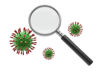 Green virus with red spikes isolated on transparent background, magnified by a magnifying glass, medical research concept