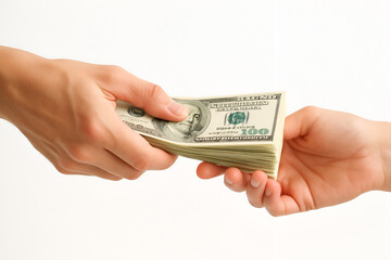 Hand giving cash money payment isolated on white background financial transaction concept business and economy
