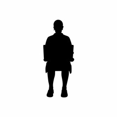 Silhouette of a university student researching in a computer lab isolated on white background