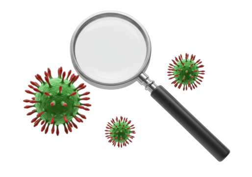 Green virus with red spikes isolated on transparent background, magnified by a magnifying glass, medical research concept