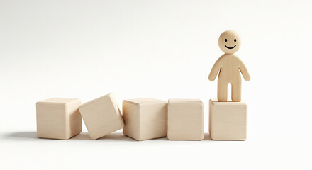A smiling figure standing on a block with other blocks in a row on a white background in a studio shot