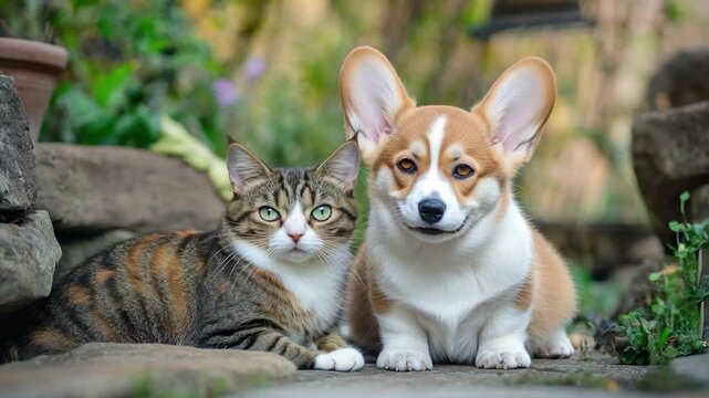 A calm scene of a cat and a dog sitting side by side, showing friendship and companionship