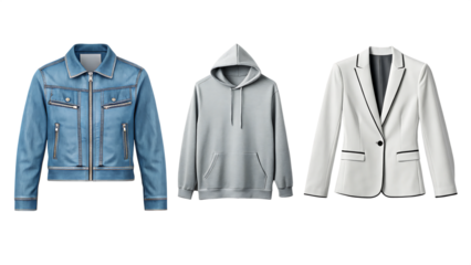 Diverse Fashion Tops: Zippered Jeans Jacket, Pullover Sweatshirt, and Fitted Business Blazer
