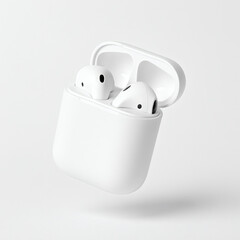 Minimal studio photo of white wireless earbuds in open charging case isolated on clean background, modern tech accessory mockup for branding, audio gadget, or product advertising, soft light,