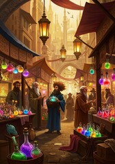 Fantasy Market Scene with Alchemists and Colorful Potions in Medieval City