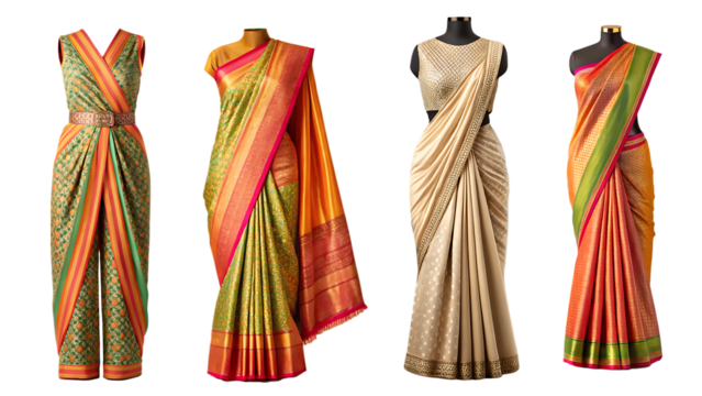 Festive Ethnic Wear Collection: Gold, Green, and Orange Heavy Silk Sarees for Wedding and Occasion