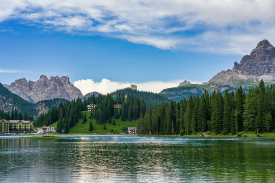 Lake Misurina with beautiful Dolomites mountains and alpine hous