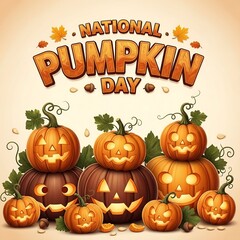 Happy national pumpkin day with carved jack o lanterns and autumn leaves