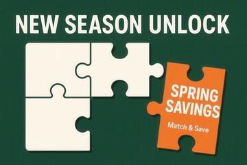 NEW SEASON UNLOCK with SPRING SAVINGS match and save banner, modern puzzle style, appealing retail discount promotion.