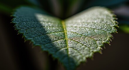Close-up view of a textured rose leaf, showcasing intricate vein patterns and serrated edges, bathed in natural light and exhibiting a rich green hue.