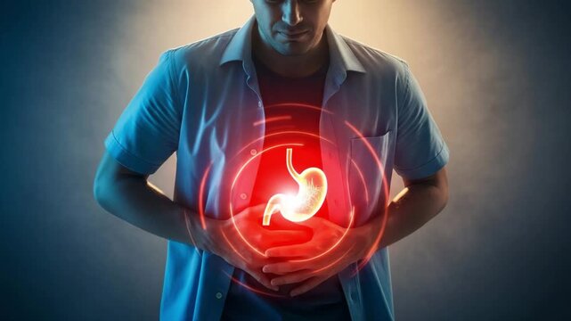 Man experiencing intense stomach pain, radiating glow, digestive distress, health video clip
