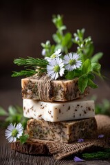Artisanal Herbal Soap Stack with Daisies, Twine Wrapped in Rustic Fashion for Eco Wellness Style