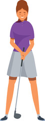 Smiling woman golfer is holding golf club, posing for photo, isolated vector illustration on white background