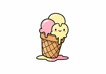 Adorable Cartoon Ice Cream Cone with Smiling Face and Drips.