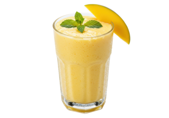 Refreshing mango smoothie in glass isolated, tropical fruit drink with mint garnish for healthy eating and summer refreshment