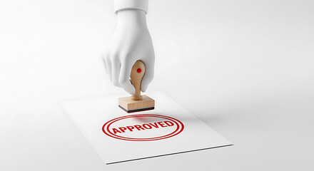A white gloved hand stamping an approved stamp on a white piece of paper on a white background
