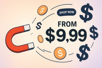 Promotional banner featuring a MAGNET attracting MONEY with a price from $9.99, modern playful style, engaging retail sale offer.
