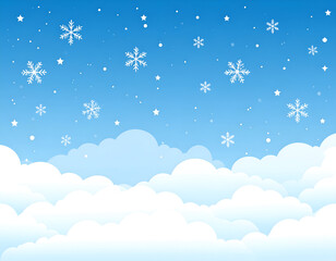 Cartoon winter landscape with falling snow and fluffy clouds.