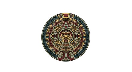 Aztec sun calendar medallion with intricate patterns, mythological face, and circular border, symbolizing ancient Mesoamerican civilization, spiritual beliefs, and cosmic artistry in native tradition.