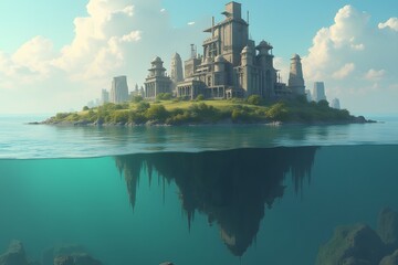 Naklejka premium A floating island with giant gears and machinery visible beneath it. 