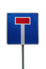 Road information sign "Dead End." No through passage. Square sign on a metal pipe. Isolated on white.