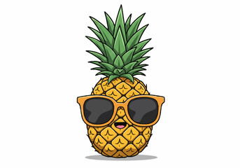 Cartoon Pineapple Wearing Sunglasses with Green Crown Smiling and Happy.