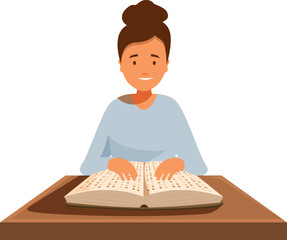 Smiling young woman reading braille book at wooden desk, promoting education for visually impaired people