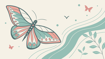 Illustration of a large butterfly with teal and pink wings, smaller butterflies, a bird, and abstract wavy lines on a beige background.