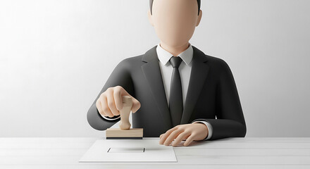 A faceless man in a suit stamping a document on a white table against a white background in a studio