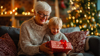 Grandmother and Grandchild Sharing a Christmas Gift on Sofa