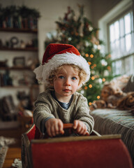 Playful Child Pretending to Drive Santa’s Sleigh at Home