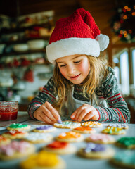 Little Girl Decorating Christmas Cookies in Cozy Kitchen